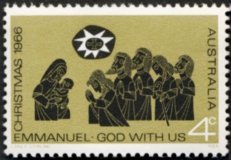 Australia-1966-Christmas-4-cent-black-yellow-olive-P13-50-Adoration-of-the-Shepherds-People-at-prayer