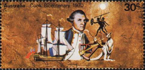 Australia-1970-Bicentenary-of-Captain-Cooks-Discovery-of-East-Coast-of-Australia-30-cent-Multi-P13-50-Capt-James-Cook