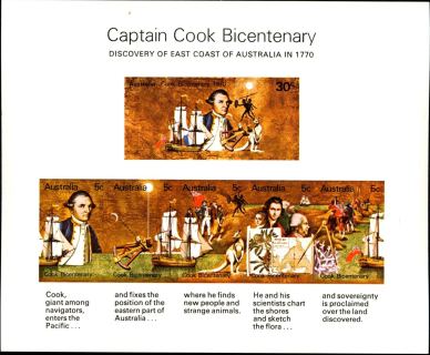 Australia-1970-Bicentenary-of-Captain-Cooks-Discovery-of-East-Coast-of-Australia-5-x-5-cent-Multi-P13-50-Strip-of-5-SG459