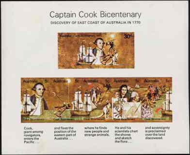 Australia-1970-Bicentenary-of-Captain-Cooks-Discovery-of-East-Coast-of-Australia-55-cent-Multi-P13-50-Miniature-sheet-of-Cooks-landing-events-SGMS465