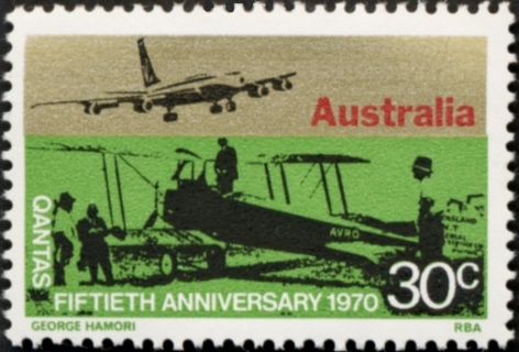 Australia-1970-Qantas-airlines-50-years-30-cent-Multi-with-gold-P13-50-Aircraft-Boeing-707-and-Sunbeam-Dyak-SG478