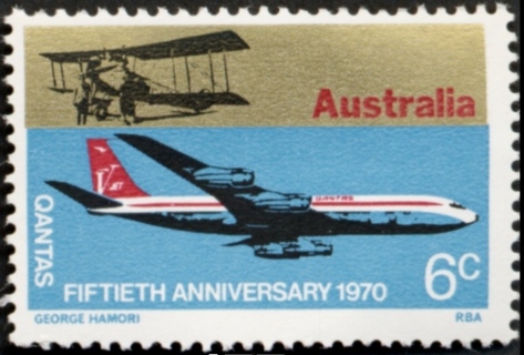 Australia-1970-Qantas-airlines-50-years-6-cent-Multi-with-gold-P13-50-Aircraft-Boeing-707-and-Avro-504-SG477