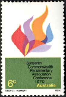 Australia-1970-Sixteenth-Commonwealth-Parliamentary-Association-6-cent-Multi-P13-50-Rising-flames-SG473