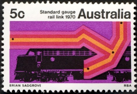 Australia-1970-Sydney-Perth-Standard-Railway-Gauge-Link-5-cent-Multi-P13-50-Symbolic-railway-track-and-Diesel-Locomotive-SG453