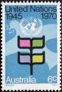 Australia-1970-United-Nations-25-years-6-cent-Multi-P13-50-UN-plant-symbol-and-Dove-of-Peace-SG476