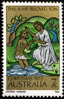 Australia-1973-Christmas-7-cent-Multi-with-gold-P14x14-5-John-baptising-Jesus-SG554