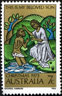 Australia-1973-Christmas-7-cent-Multi-with-gold-P14x15-John-baptising-Jesus-SG554a