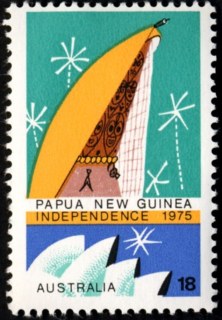 Australia-1975-Papua-New-Guinea-Independence-18-cent-Multi-P13-50-Tambaran-meeting-house-and-Sydney-Opera-House-SG610