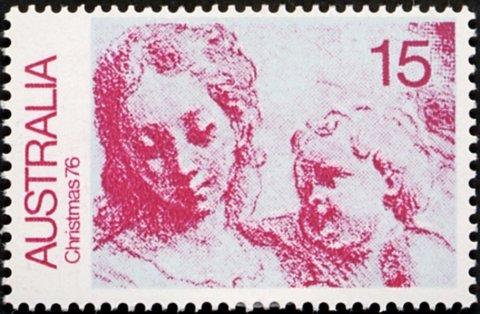 Australia-1976-Christmas-15-cent-bright-magenta-and-light-azure-P15x14-Detail-from-painting-Virgin-and-Child-