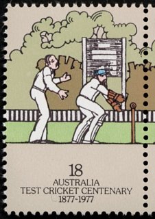 Australia-1977-Australia-England-Test-Centenary-of-Cricket-18-cent-Multi-P13-50-Fielder-and-wicket-keeper-in-whites-SG647