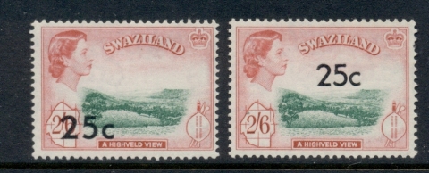 Swaziland-1961-QEII-Pictorials-decimal-opt-25c-on-2-6-TyI-TyII-MLH