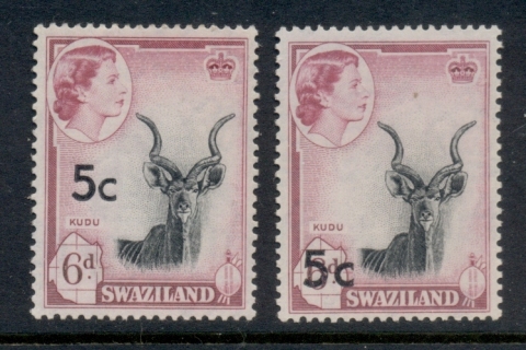 Swaziland-1961-QEII-Pictorials-decimal-opt-5c-on-6d-TyI-TyII-MLH