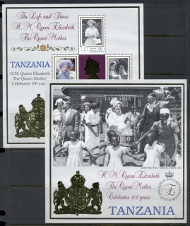 Tanzania 1999 Queen Mother 100th Birthday gold foil embossed 2xMS