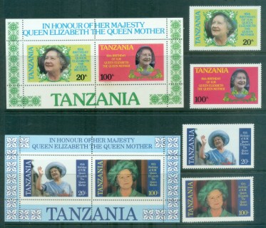 Tanzania-1985-Queen-Mother-85th-Birthday-2xMS-MLH-lot84771