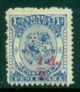 Tonga-1893-Arms-0.5d-carmine-surcharge-on-1d-ultramarine-MNG