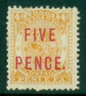 Tonga-1893-Arms-5d-carmine-surcharge-on-4d-orange-yellow-MNG