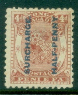 Tonga-1894-Arms-0.5d-blue-surcharge-on-4d-red-brown-MNG