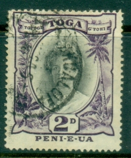 Tonga-1920-35-Queen-Salote-2d-Die-II-violet-black-tone-spots-FU