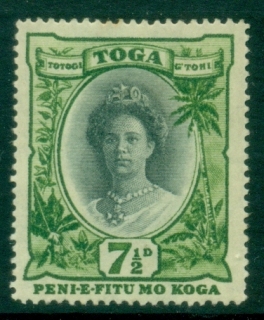 Tonga-1920-35-Queen-Salote-7.5d-green-and-black-tone-gum-MLH