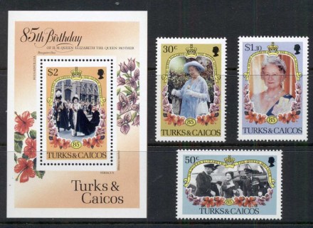 Turks-Caicos-Is-1985 Queen Mother 85th Birthday + MS