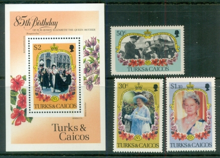 Turks-Caicos-Is-1985-Queen-Mother-85th-Birthday-MS-MUH