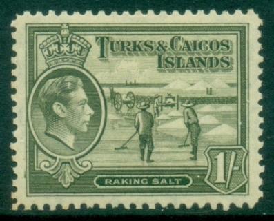 Turks-Caicos-Is-1938-45-KGVI-Pictorial-1sh-Raking-Salt-dark-olive-green-MLH