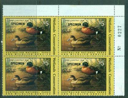 Australia-1990-National-Parks-Wildlife-Services-Duck-Stamp-SPECIMEN-Sheet-Number-Block-4-MUH-Lot26192