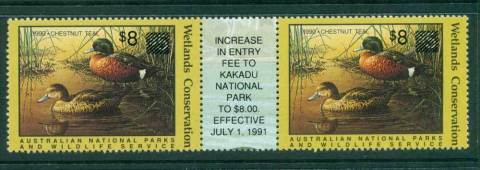 Australia-1990-National-Parks-Wildlife-Services-Duck-Stamp-Surcharged-Gutter-Pair-MUH-Lot26196