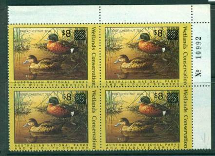 Australia-1990-National-Parks-Wildlife-Services-Duck-Stamp-Surcharged-Sheet-Number-Block-4-MUH-Lot26199