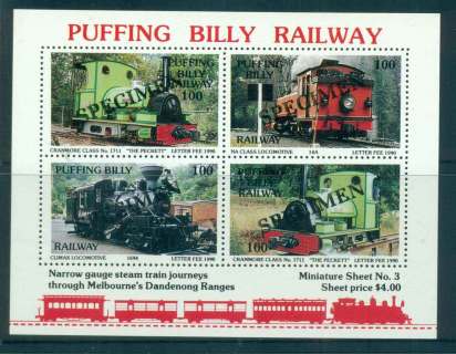 Australia-1990-Puffing-Billy-Railway-Trains-3-SPECIMEN-MS-MUH-lot51845