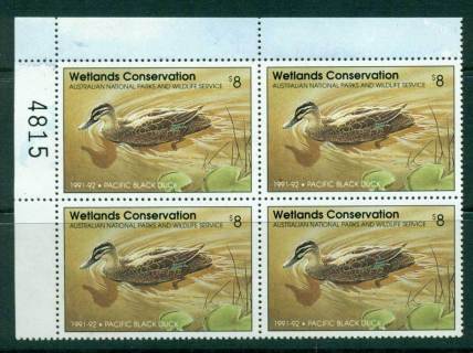 Australia-1991-2-National-Parks-Wildlife-Services-Duck-Stamp-Sheet-Number-Block-4-MUH-Lot26210