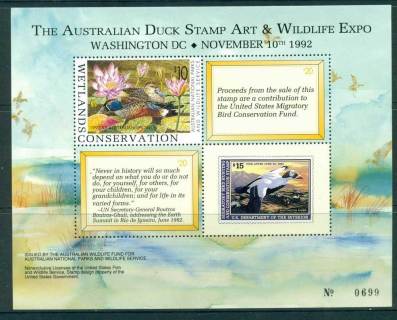 Australia-1992-3-Joint-USA-National-Parks-Wildlife-Services-Duck-Stamp-MS-MUH-Lot26275