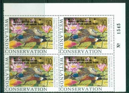 Australia-1992-3-National-Parks-Wildlife-Services-Duck-Stamp-Overprint-Sheet-Number-Block-4-MUH-Lot26252