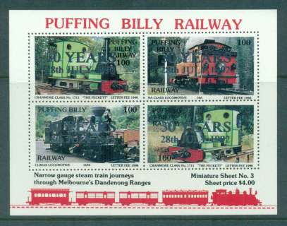 Australia-1992-Puffing-Billy-Railway-Trains-3-Opt-Silver-30-YEAR-28th-JULY-1992-MS-MUH-lot51850