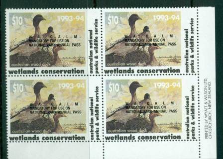 Australia-1993-4-National-Parks-Wildlife-Services-Duck-Stamp-Overprint-Imprint-Block-4-MUH-Lot26228