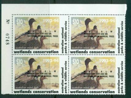 Australia-1993-4-National-Parks-Wildlife-Services-Duck-Stamp-Overprint-Sheet-Number-Block-4-MUH-Lot26227