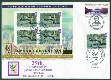 Australia-1995-6-National-Parks-Wildlife-Services-Duck-Stamp-Gold-Opt-Ramsar-Convention-Brisbane-MS-plus-Revalued-stamp-FDC-Lot26324