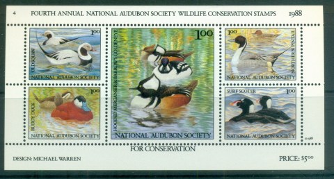 USA-1988-National-Audubon-Society-Wildlife-Conservation-Bird-Stamps-MS-MUH