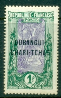 Ubangi-Shari-1915-22-Middle-Congo-Coconut-Grove-Opt-OUBANGI-CHARI-TCHAD-1f-gum-toned-perf-MLH