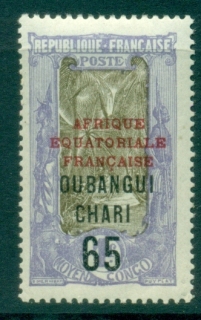 Ubangi-Shari-1925-26-Middle-Congo-Coconut-Grove-Opt-Afrique-Equatorial-Francaise-65c-on-1fr-MLH