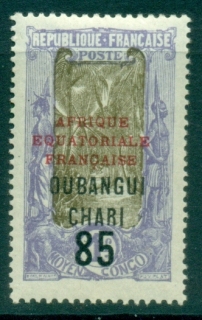 Ubangi-Shari-1925-26-Middle-Congo-Coconut-Grove-Opt-Afrique-Equatorial-Francaise-85c-on-1fr-MLH