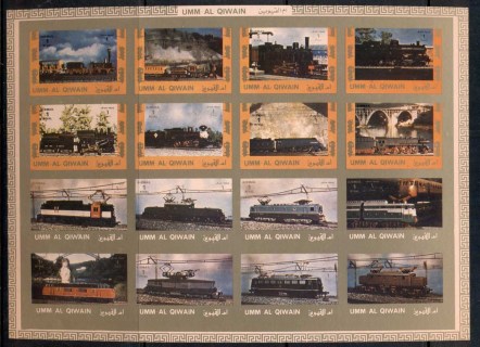 Umm-Al-Qiwain-1972-Mi1210-1225B-Locomotives-Old-New-IMPERF-sheetlet-MUH