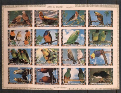 Umm-Al-Qiwain-1972-Mi1242-1257B-Birds-Parrots-Finches-IMPERF-sheetlet-MUH