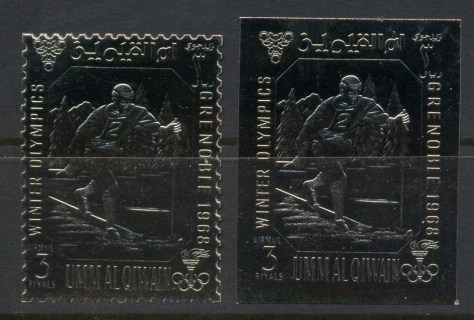 Umm-al-Qiwain-1968-Mi242A-B-Winter-Olympics-Grenoble-gold-foil-Embossed-Perf-IMPERF-MUH