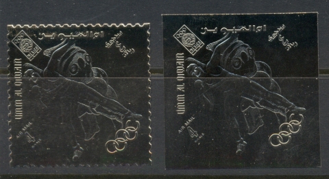 Umm-al-Qiwain-1968-Mi274A-B-Winter-Olympics-Grenoble-gold-foil-Embossed-shot-put-Perf-IMPERF-MUH