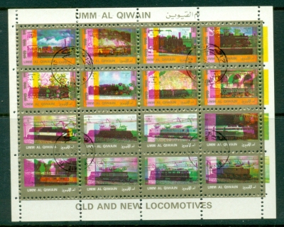 Umm-al-Qiwain-1972-Mi1226-1241-Locomotives-Old-New-small-size-sheetlet-Colour-shift-CTO