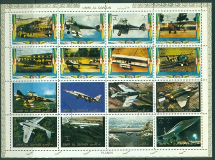 Umm-al-Qiwain-1972-Mi1274-1289-Aeroplanes-Old-New-sheetlet-CTO