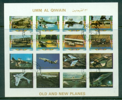 Umm-al-Qiwain-1972-Mi1290-1235-Aeroplanes-Old-New-small-size-sheetlet-IMPERF-CTO