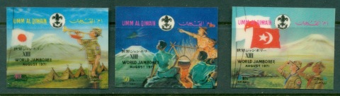 Umm-al-Qiwain-1972-Mi525-527-World-Scout-Jamboree-3-6v-3D-Plastic-ML