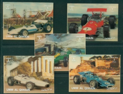 Umm-al-Qiwain-1972-Mi814-818-Racing-Cars-Plastic-coated-3D-MLH